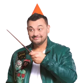 👉 1fc5eca3 man, party hat, wand, funny, smiling, green jacket telegram sticker