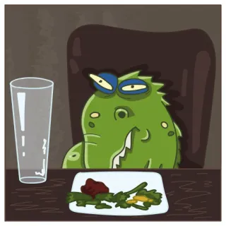 😬 b016da58 monstre, dessin animé, dinosaure, nourriture, table, verre, assiette whatsapp sticker