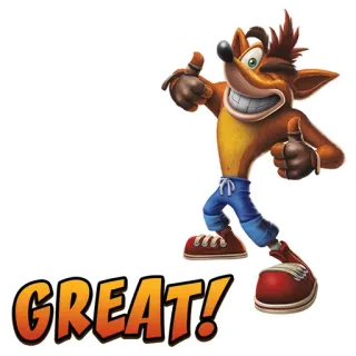 👍 ed634d35 Crash Bandicoot GREAT! 古惑狼, 点赞, 积极, 卡通, 电子游戏 telegram sticker