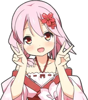 ✌️ 5f00b474 Anime, Dziewczyna, Różowe włosy, Kwiat, Znak pokoju, Kreskówka telegram sticker
