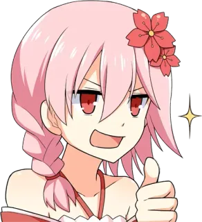 👍 7c0747de anime, dziewczyna, różowe włosy, kwiat, kciuk w górę, szczęśliwy, słodki telegram sticker