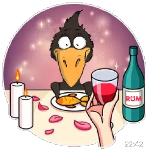 🦅 714568cd RUM oiseau, corbeau, dîner, romantique, rhum, alcool, poisson whatsapp sticker