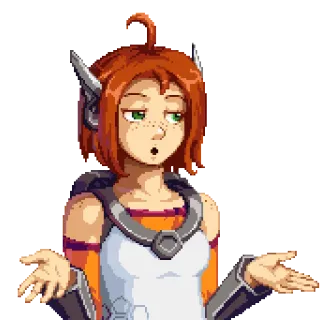 😗 0dca26c8 vrouw, pixel art, schouderophalen, uitdrukking, vraag, twijfel, roodharig, verward, onverschillig telegram sticker