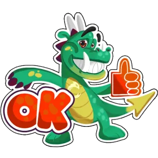 👍 7b91b099 OK rồng, ok, giơ ngón tay cái, phim hoạt hình, màu xanh lá cây, động vật, sự chấp thuận, tích cực telegram sticker