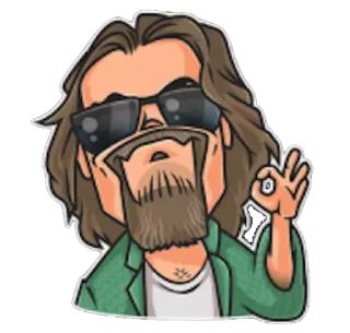 👽 31ce12be The Dude The Big Lebowski The Dude, Big Lebowski, Postać filmowa, Okulary przeciwsłoneczne, Gest OK, Kreskówka telegram sticker