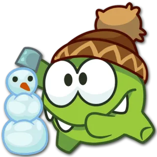 ⛄ 9708dc2c Om Nom, Cut the Rope, snowman, winter, cartoon, green monster, hat telegram sticker