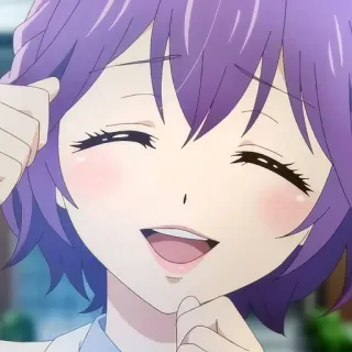 😄 123f9a67 anime, gadis, senyum, bahagia, rambut ungu whatsapp sticker