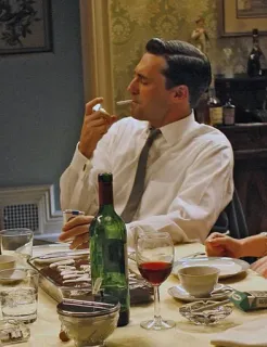👌 069696ea Don Draper Mad Men homme, fumeur, cigare, dîner, vin, table, vintage, Mad Men whatsapp sticker