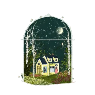 😩 0ddd3ae8 maison, nuit, étoiles, arbres, nature, lune, chalet, art telegram sticker
