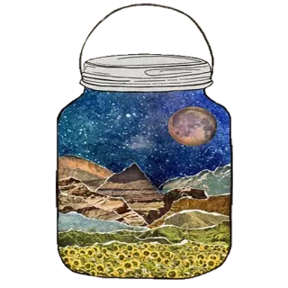 😒 53bbb99d bocal mason, paysage, ciel nocturne, montagnes, tournesols, étoiles, lune, paysage telegram sticker