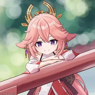 💠 470826d9 Yae Miko Genshin Impact Anime, Zorro, Orejas, Pelo rosa, Videojuego whatsapp sticker