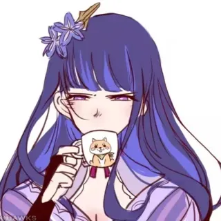 💠 534b341a Raiden Shogun Genshin Impact anime, pelo morado, videojuego, bebiendo, lindo, shiba inu whatsapp sticker