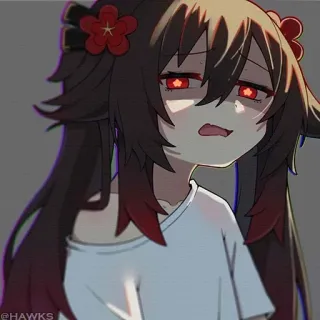 💠 a38880d7 Hu Tao Genshin Impact anime, chica, cansada, soñolienta, ojos rojos whatsapp sticker