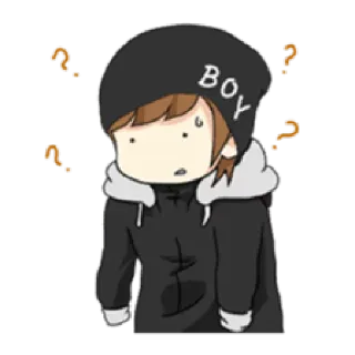 ❓ 6d4e4ea8 BOY การ์ตูน, เครื่องหมายคำถาม, ประหลาดใจ, อยากรู้อยากเห็น, เด็กผู้ชาย, หมวกไหมพรมสีดำ telegram sticker
