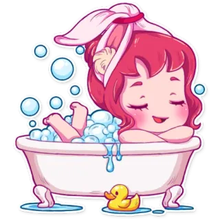 🛀 863417e9 bain, mignon, dessin animé, fille, bulle, canard en caoutchouc, détente, chibi whatsapp sticker