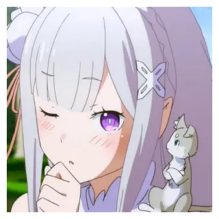 💞 885e4a9c Emilia Re:Zero アニメ, 女の子, 白い髪, 紫の目, 可愛い, ペット, ファンタジー telegram sticker