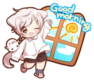 🍭 88fab498 Good morning bonjour, salutation, mignon, animé, kawaii, chibi, joyeux telegram sticker