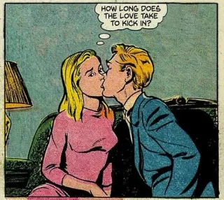 😣 fd8919e3 HOW LONG DOES THE LOVE TAKE TO KICK IN? kiss, love, comic, cartoon, romance, couple whatsapp sticker