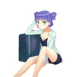 🙂 32622622 Anime Mädchen, Reisen, Cartoon, Gepäck, lila Haare, grüne Augen telegram sticker