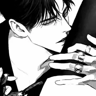 👣 f13b8e92 mężczyzna, ilustracja, anime, manga, portret, czarno-biały, pierścienie, ręka telegram sticker