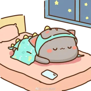 💤 6e0b44e9 二三光景摄影 Katze, schlafend, Dinosaurier, Schlafanzug, Cartoon, Bett, süß telegram sticker