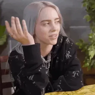 🕷 7876c656 Billie Eilish billie eilish, chanteuse, musicienne, célébrité, cheveux argentés, pensif/pensive, assise telegram sticker
