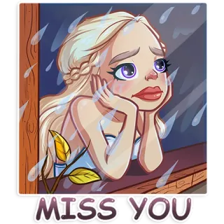 😔 a8ee6280 MISS YOU tu me manques, triste, fenêtre, jour de pluie, dessin animé, fille, blonde telegram sticker