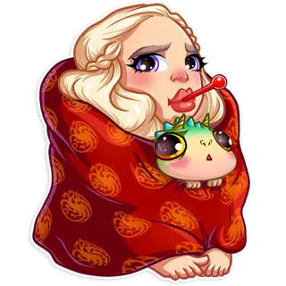 🤒 d449df61 Daenerys Targaryen Game of Thrones daenerys targaryen, game of thrones, malade, dragon, froid, thermomètre, dessin animé, fantaisie telegram sticker