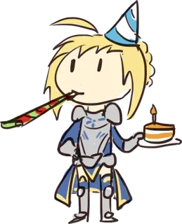 🥳 94dd000f Saber Fate/stay night アニメ, 誕生日, Fate Stay Night, ちびキャラ, ケーキ, パーティー帽子 telegram sticker