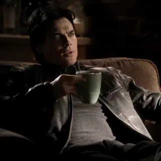🩸 076e30b0 Damon Salvatore The Vampire Diaries pria, vampir, kopi, teh, potret, aktor whatsapp sticker