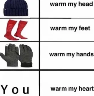 🥰 8a76b86f warm my head
warm my feet
warm my hands
warm my heart cappello, calze, guanti, caldo, inverno, abbigliamento telegram sticker