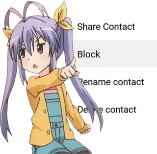 👉 6ad289ab Share Contact
Block
Rename contact
Delete contact Anime, Contact, Partager, Bloquer, Renommer, Supprimer telegram sticker