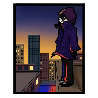 😞 377218f9 dessin animé, toit, urbain, ville, personnage, animé, coucher de soleil telegram sticker