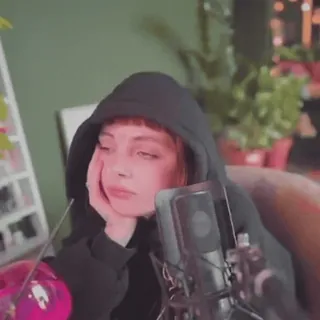 😔 63f1d202 ผู้หญิง, เบื่อ, เสื้อมีฮู้ด, ไมโครโฟน telegram sticker