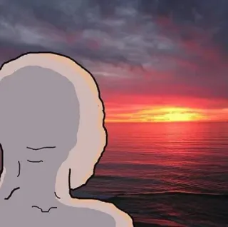 🕸 838f10c1 Meme, Wojak, NPC, deprimiert, traurig, Ozean, Sonnenuntergang, einsam telegram sticker