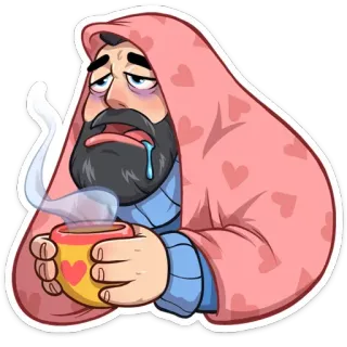 🤧 521481e9 sick, ill, cold, flu, man, beard, tea, exhausted telegram sticker