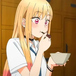 🥢 a5789406 Marin Kitagawa My Dress-Up Darling anime, meisje, eten, blond haar, roze ogen telegram sticker