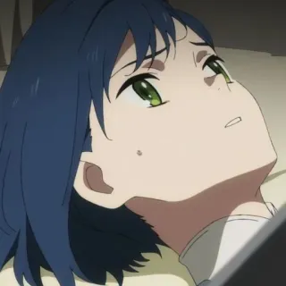 🍡 efd9b7b7 anime, garota, cabelo azul, olhos verdes, deitada, cansada telegram sticker