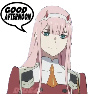 ☀️ 083c6727 Zero Two Darling in the Franxx GOOD AFTERNOON 动漫, 02, 下午好, 问候, Darling in the Franxx, 粉色头发, 角, 动漫女孩 whatsapp sticker