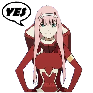 👍 82da4c1a Zero Two Darling in the Franxx YES 动漫, 02, Darling in the Franxx, 是, 角色, 粉色头发, 动漫女孩 whatsapp sticker