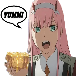 🥘 93ab3197 Zero Two Darling in the Franxx YUMMI 动漫, 漫画, Zero Two, Darling in the Franxx, 食物, 可爱 whatsapp sticker