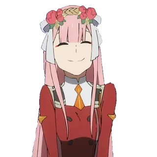 🙂 cf6ddac6 Zero Two Darling in the Franxx 动漫, Zero Two, Darling in the Franxx, 粉色头发, 花, 快乐 whatsapp sticker