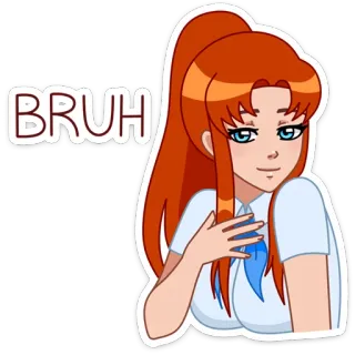 🥴 c72f99b8 BRUH femme, dessin animé, cheveux orange, BRUH, mème, argot internet telegram sticker