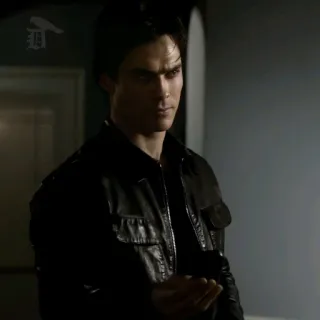 🍸 7b6f0106 Damon Salvatore The Vampire Diaries vampiro, serie tv, chaqueta de cuero, hombre, Ian Somerhalder, sobrenatural telegram sticker