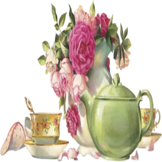 🐝 647097af herbata, róże, czajnik, kwiaty, vintage, serwis do herbaty, kwiatowy telegram sticker