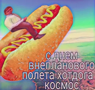 🛩 c1ff510c С днем внепланового полета хотдога космос 热狗, 飞行, 宇宙, 食物, 搞笑, 表情包 telegram sticker