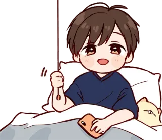 😴 76ceef53 cartoon, bed, chibi, waking up, smartphone, sleepy telegram sticker