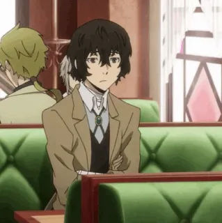 ✨ d7a2107a Dazai Osamu Bungou Stray Dogs Anime, Dazai, Bungou Stray Dogs, Karakter, Duduk, Mantel cokelat whatsapp sticker