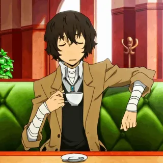 🍃 6b001411 Osamu Dazai Bungo Stray Dogs Anime, Manga, Bungo Stray Dogs, Osamu Dazai, Dazai, Personnage, Café, Thé whatsapp sticker
