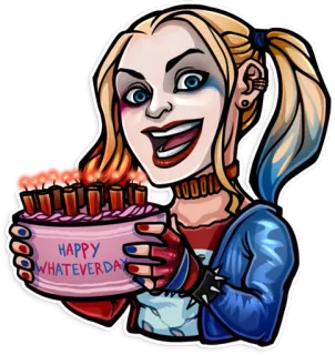 🥂 e5bc4112 Harley Quinn HAPPY WHATEVERDAY Harley Quinn, urodziny, DC Comics, superzłoczyńca, ciasto telegram sticker